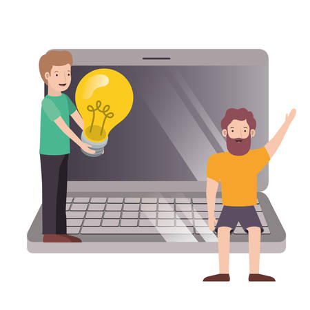 men with computer desktop and light bulb vector illustration desingのイラスト素材