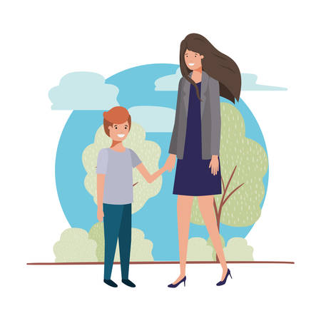 mother and son in landscape avatar character vector illustration designのイラスト素材