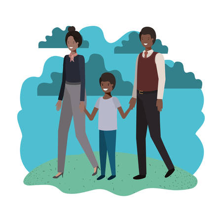 parents couple with son in landscape avatar character vector illustration desingのイラスト素材