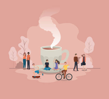 cup of coffee with light bulb and mini people vector illustration designのイラスト素材