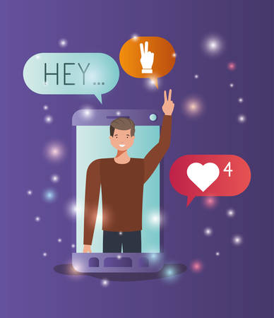 man in smartphone with social media bubbles vector illustration designのイラスト素材