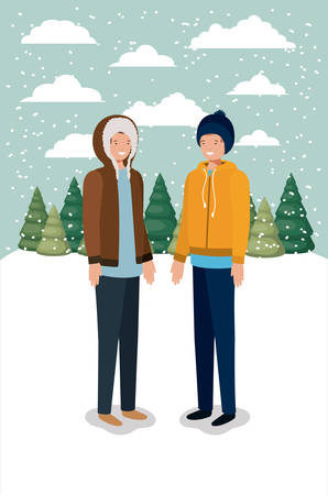 couple of men in snowscape with winter clothes vector illustration designのイラスト素材