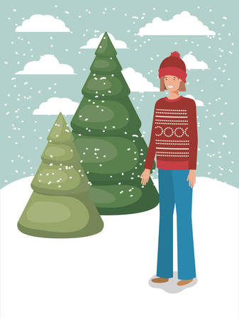 woman in snowscape with winter clothes vector illustration designのイラスト素材