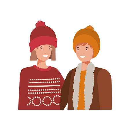 couple with winter clothes avatar character vector illustration designのイラスト素材