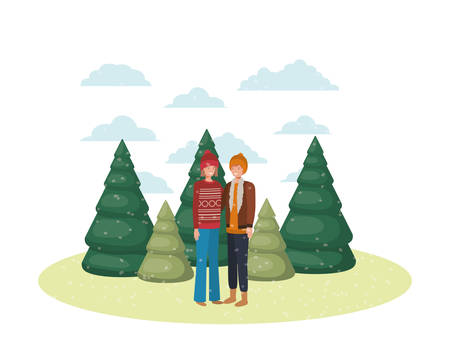 couple with winter clothes and winter pines avatar character vector illustration designのイラスト素材