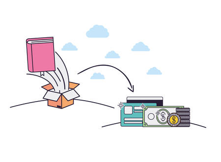 credit card with dollars and cardboard box with book coming outのイラスト素材