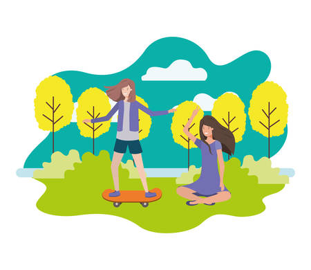 woman practicing skateboarding and young woman sitting in the park vector illustration desingのイラスト素材