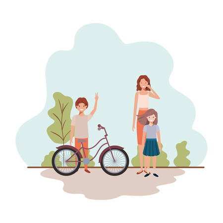 mother and children with bicycle in landscape vector illustration desingのイラスト素材