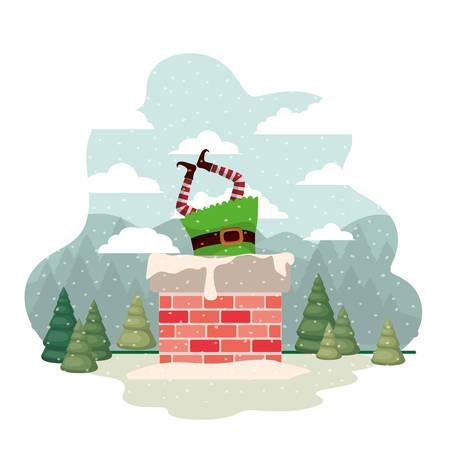 elf with fireplace and christmas trees with falling snow vector illustration designのイラスト素材