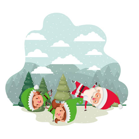 elf couple with santa claus and christmas trees with falling snow avatar character vector illustration designのイラスト素材