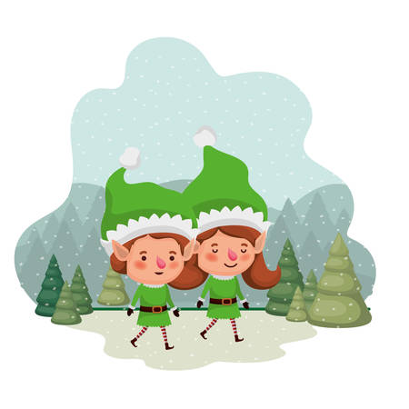 couple of elves moving and christmas trees with falling snow avatar character vector illustration designのイラスト素材