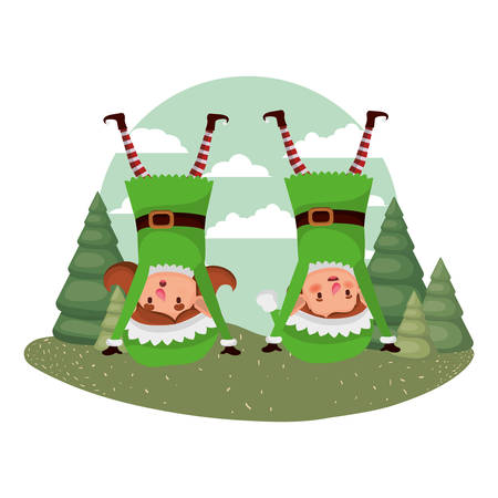 couple of elves moving and christmas trees with falling snow avatar character vector illustration designのイラスト素材