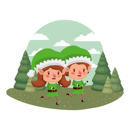 couple of elves moving and christmas trees with falling snow avatar character vector illustration designのイラスト素材