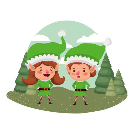 couple of elves moving and christmas trees with falling snow avatar character vector illustration designのイラスト素材