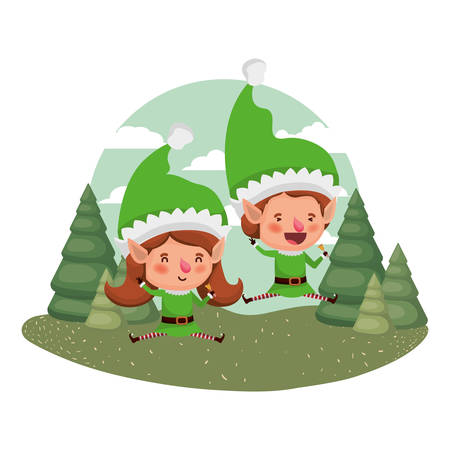 couple of elves moving and christmas trees with falling snow avatar character vector illustration designのイラスト素材