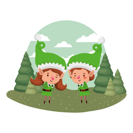 couple of elves moving and christmas trees with falling snow avatar character vector illustration designのイラスト素材