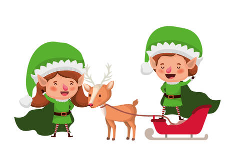 elf couple with sleigh and reindeer vector illustration designのイラスト素材