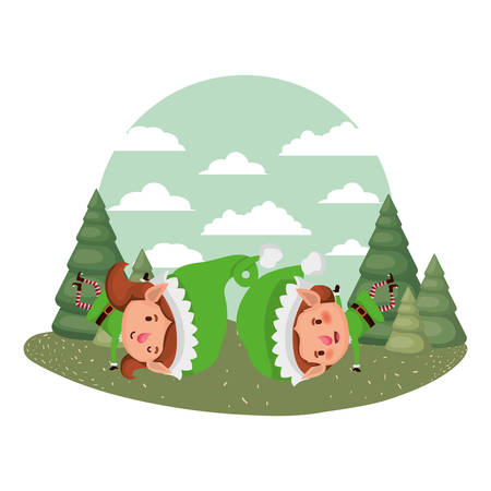 couple of elves moving and christmas trees with falling snow avatar character vector illustration designのイラスト素材