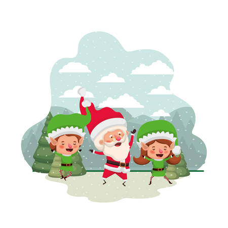 elf couple with santa claus and christmas trees with falling snow avatar character vector illustration designのイラスト素材