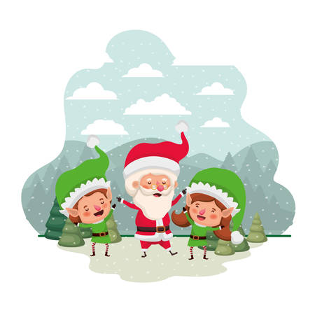 elf couple with santa claus and christmas trees with falling snow avatar character vector illustration designのイラスト素材