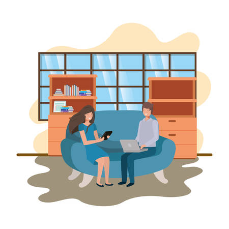 couple using technology devices in office of work vector illustration desingのイラスト素材