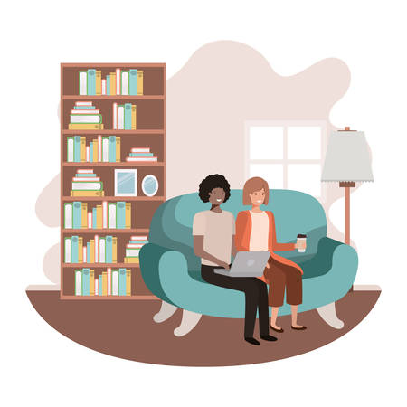 couple using laptop in the livingroom vector illustration desingのイラスト素材