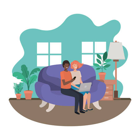 couple using laptop in the livingroom vector illustration desingのイラスト素材