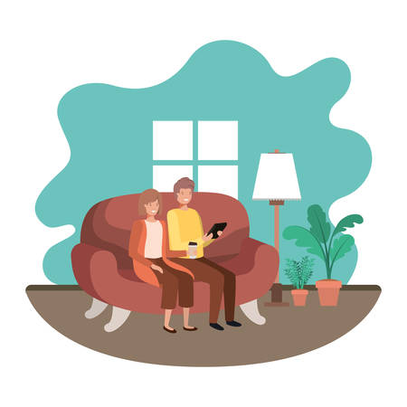 couple using tablet in the livingroom vector illustration desingのイラスト素材