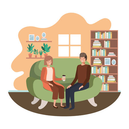 couple in living room drinking coffee vector illustration desingのイラスト素材