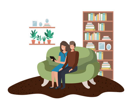 couple using tablet in the livingroom vector illustration desingのイラスト素材