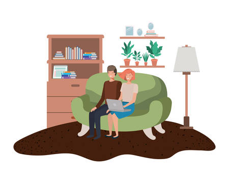 couple using laptop in the livingroom vector illustration desingのイラスト素材