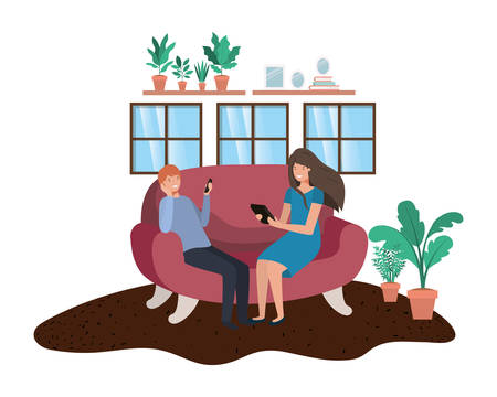 couple using technology devices in livingroomのイラスト素材