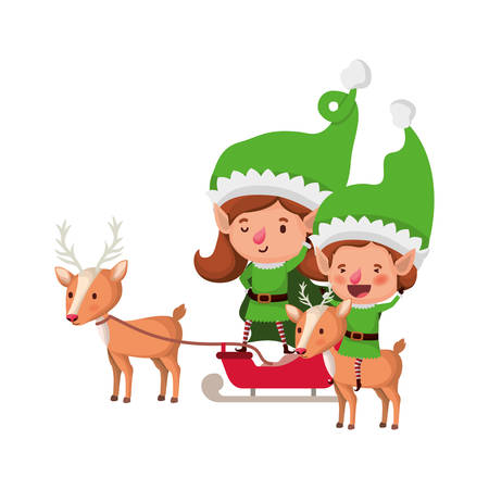 elf couple with sleigh and reindeer avatar chatacter vector illustration designのイラスト素材