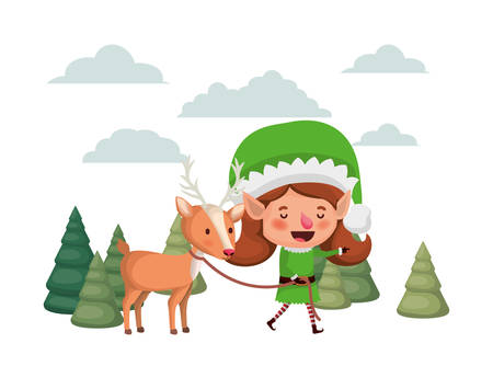 elf woman with reindeer and christmas trees vector illustration designのイラスト素材