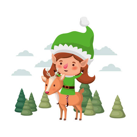 elf woman with reindeer and christmas trees vector illustration designのイラスト素材