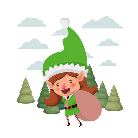 elf woman with gift bag with christmas trees avatar character vector illustration designのイラスト素材