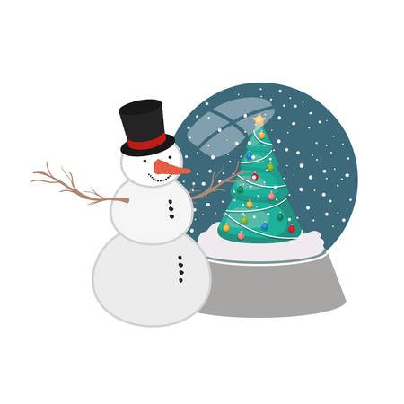 christmas tree in crystal ball with snow man vector illustration designのイラスト素材