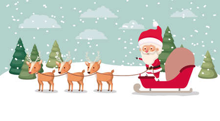 santa claus with carriage and deer in snowscape vector illustration designのイラスト素材