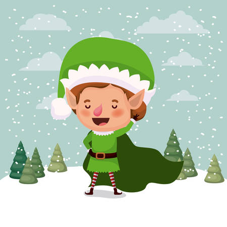 little christmas elf character in snowscape vector illustration designのイラスト素材