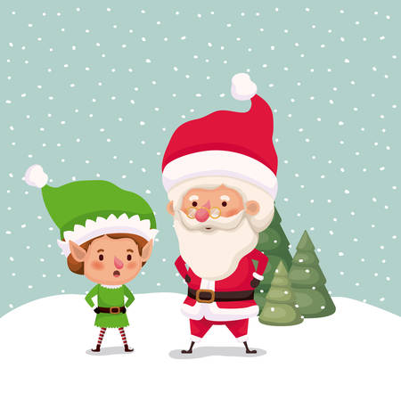 little elf and santa claus characters in snowscape vector illustrationのイラスト素材