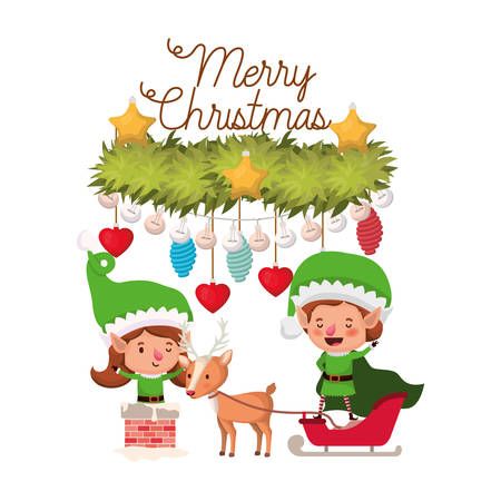 elf couple with sleigh and merry christmas time vector illustration designのイラスト素材