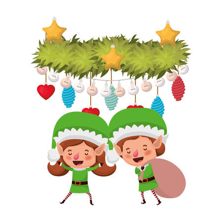 elf couple with gift bag and and garland with christmas balls avatar character vector illustration designのイラスト素材