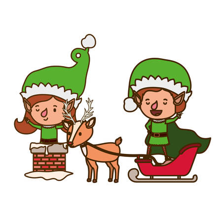 elf couple with sleigh and reindeer avatar chatacter vector illustration designのイラスト素材