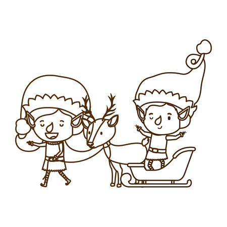 elf couple with sleigh and reindeer avatar chatacter vector illustration designのイラスト素材