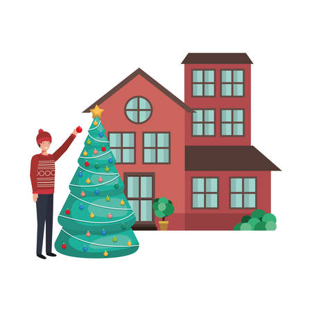 man with christmas tree outside the house vector illustration desingのイラスト素材
