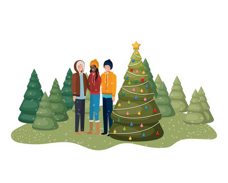 group of people with christmas tree in landscape vector illustration desingのイラスト素材