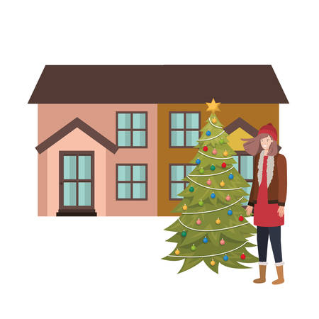 woman with christmas tree outside the house vector illustration desingのイラスト素材