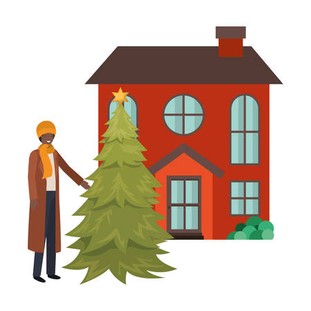 man with christmas tree outside the house vector illustration desingのイラスト素材