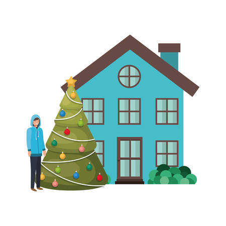 man with christmas tree outside the house vector illustration desingのイラスト素材