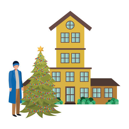 man with christmas tree outside the house vector illustration desingのイラスト素材